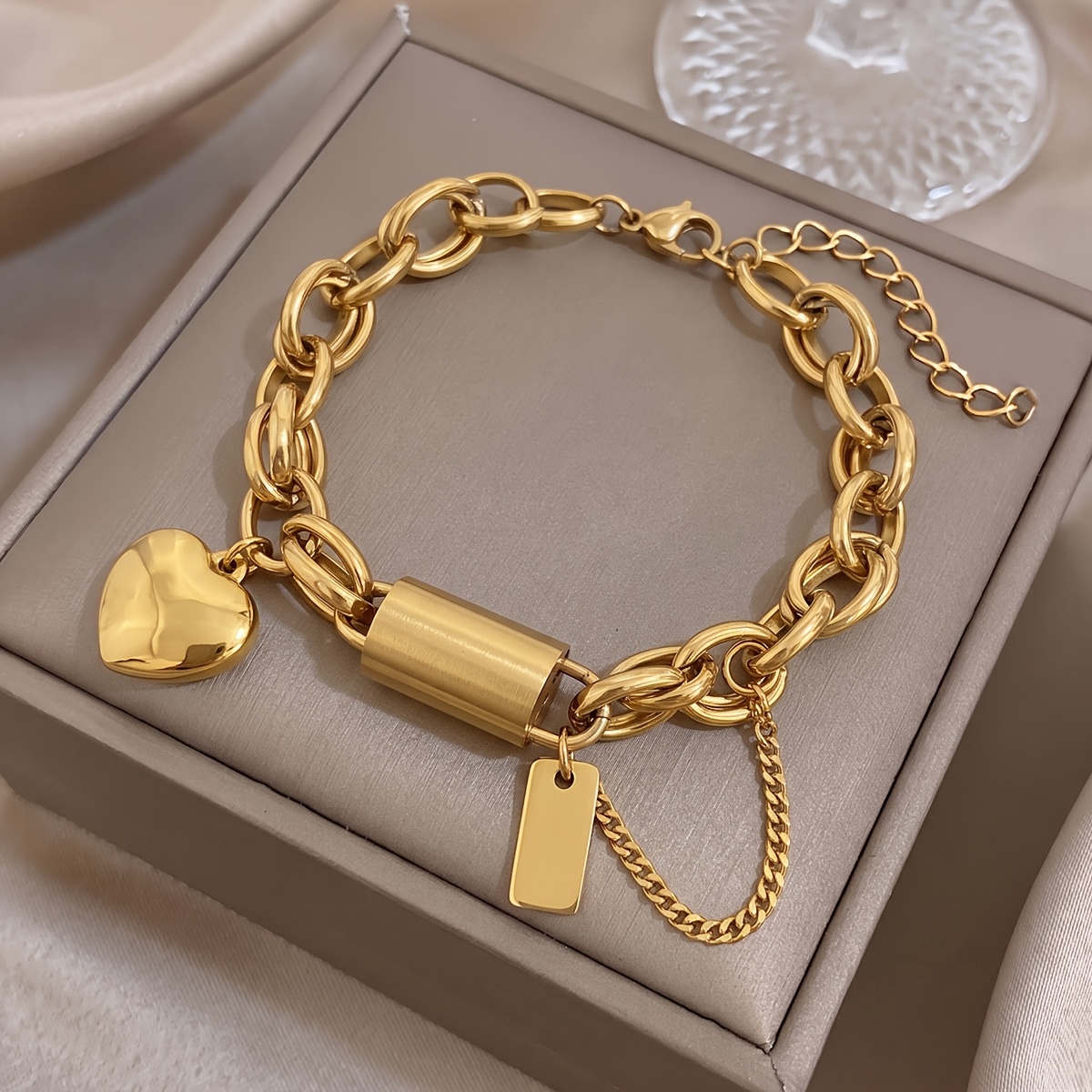 2pcs Elegant 18K Gold Plated Heart Bracelet & Necklace Set, Romantic Gift